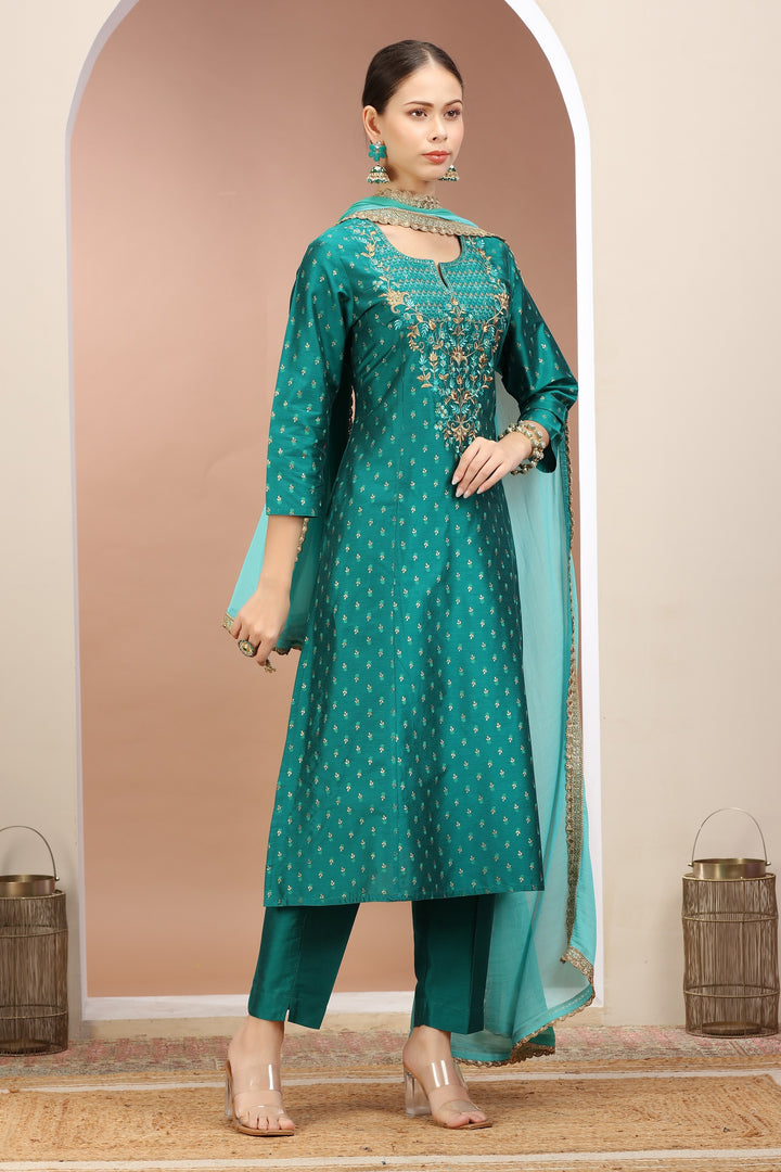 Teal PolySilk Embroidered A Line Kurta Pants and Dupatta Set