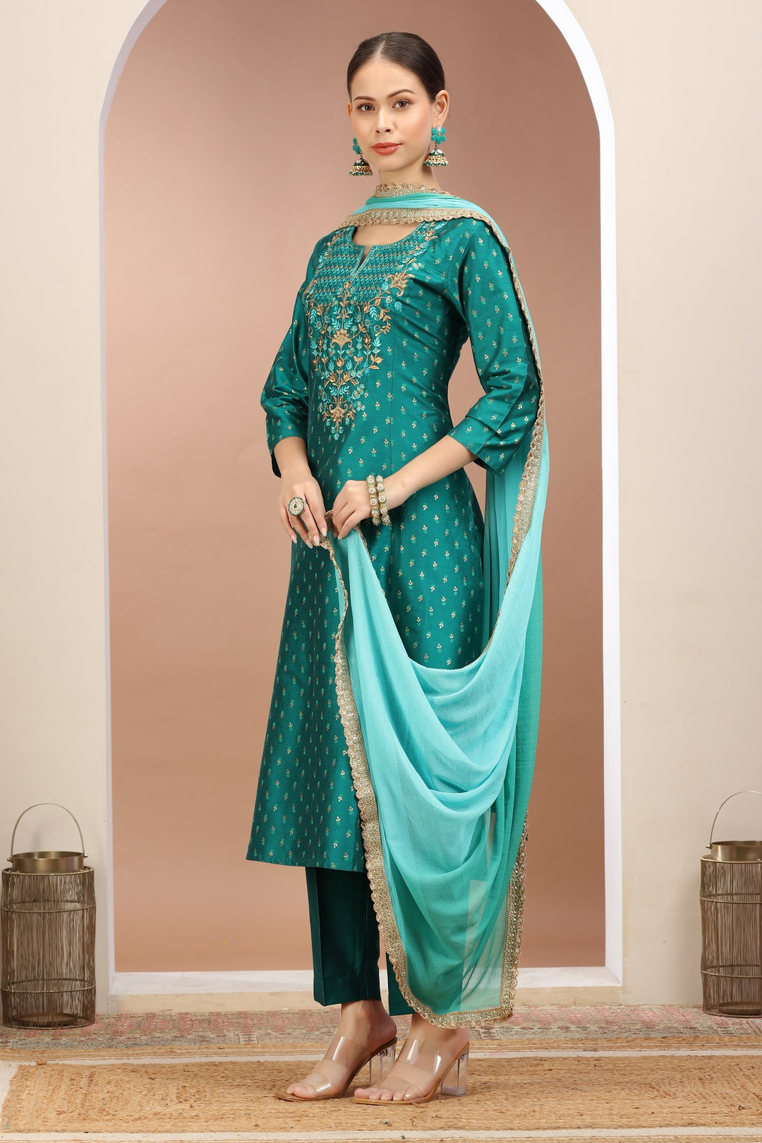 Teal PolySilk Embroidered A Line Kurta Pants and Dupatta Set