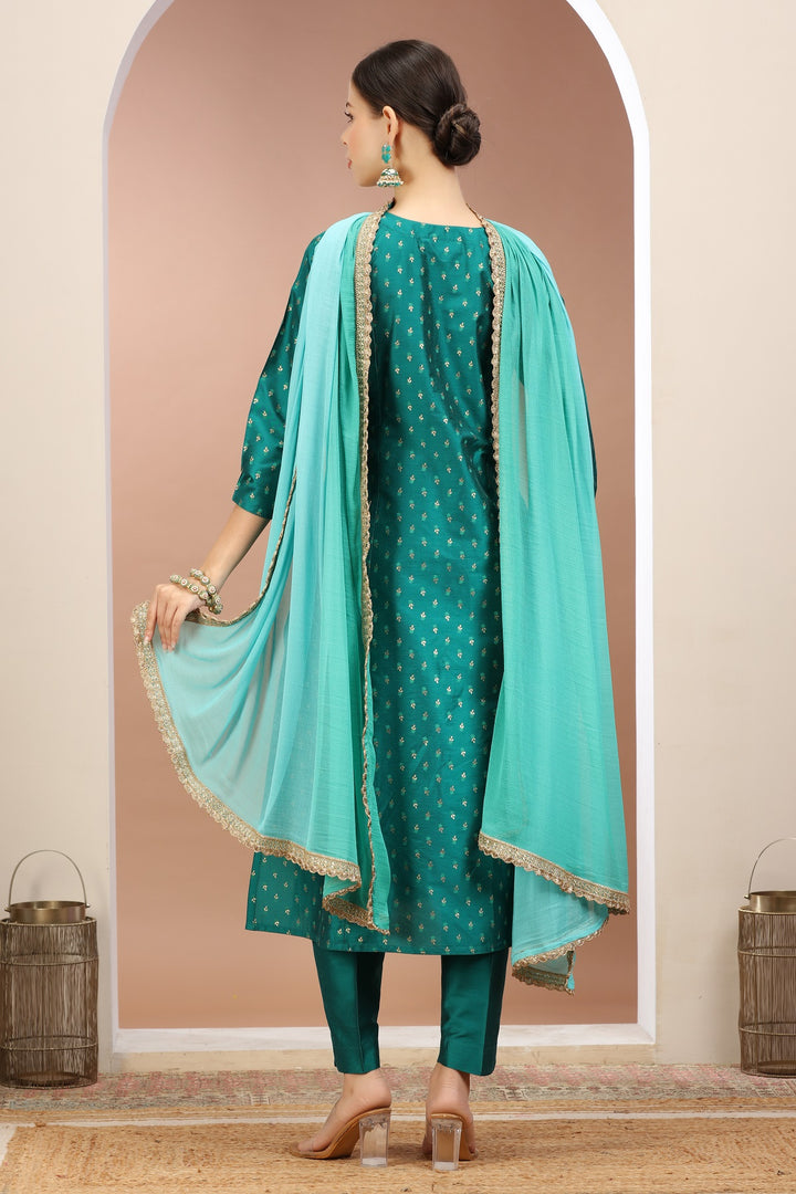 Teal PolySilk Embroidered A Line Kurta Pants and Dupatta Set