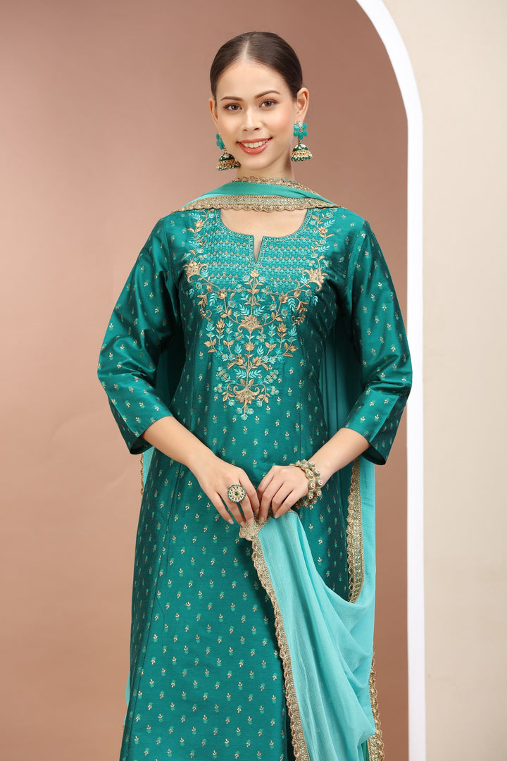 Teal PolySilk Embroidered A Line Kurta Pants and Dupatta Set