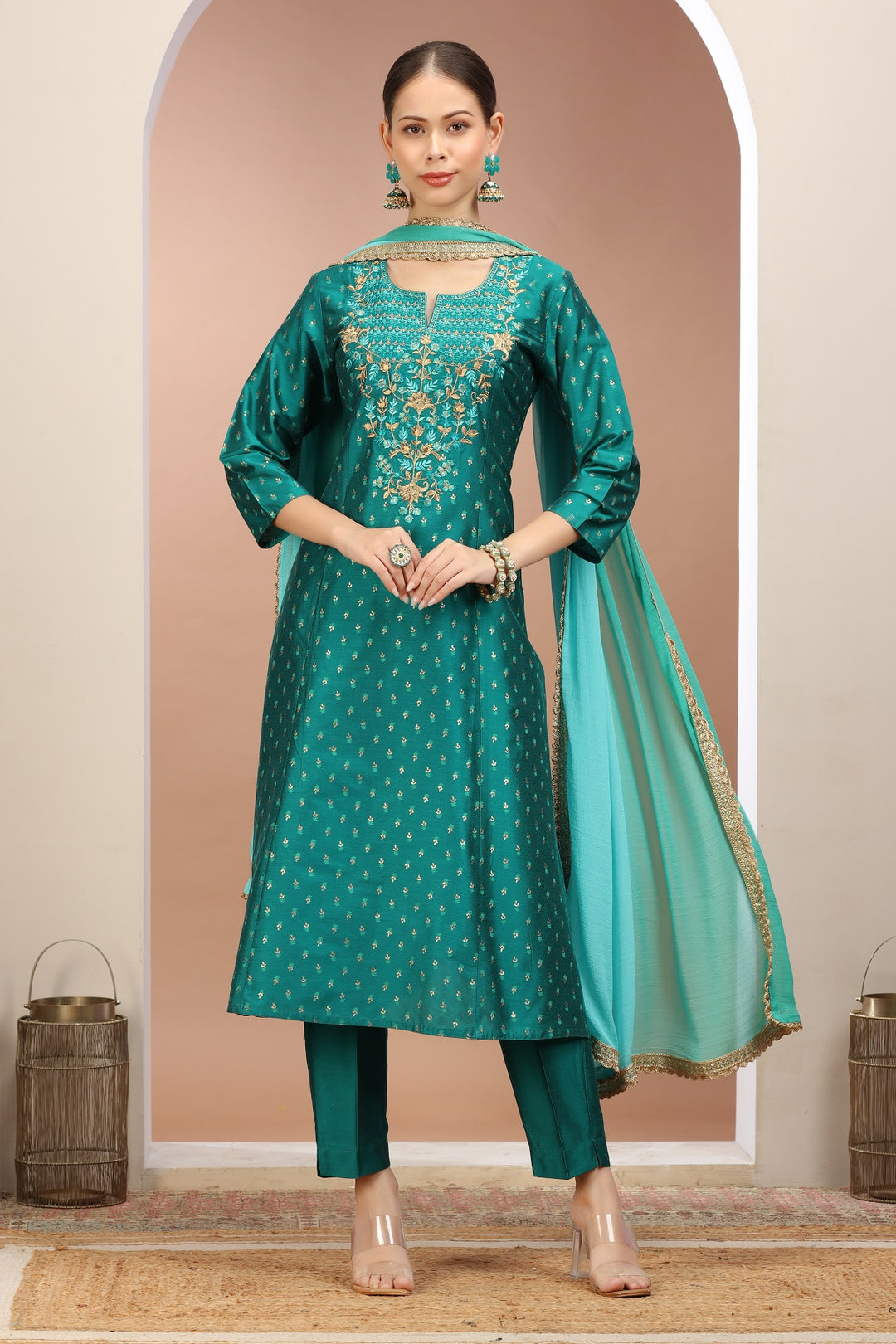 Teal PolySilk Embroidered A Line Kurta Pants and Dupatta Set