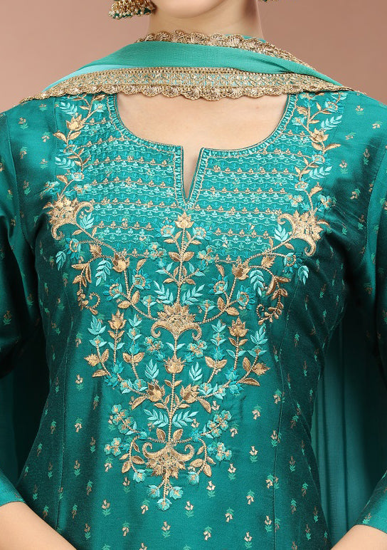 Teal PolySilk Embroidered A Line Kurta Pants and Dupatta Set