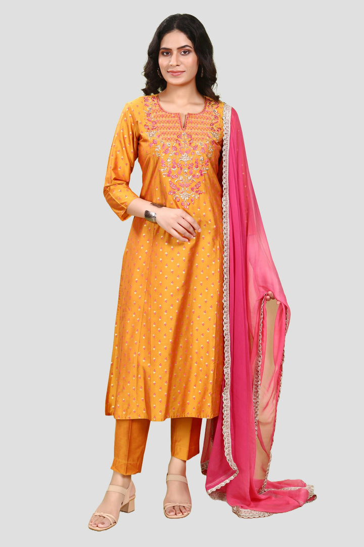 Orange PolySilk A Line Embroidered Kurta Pant Suit Set