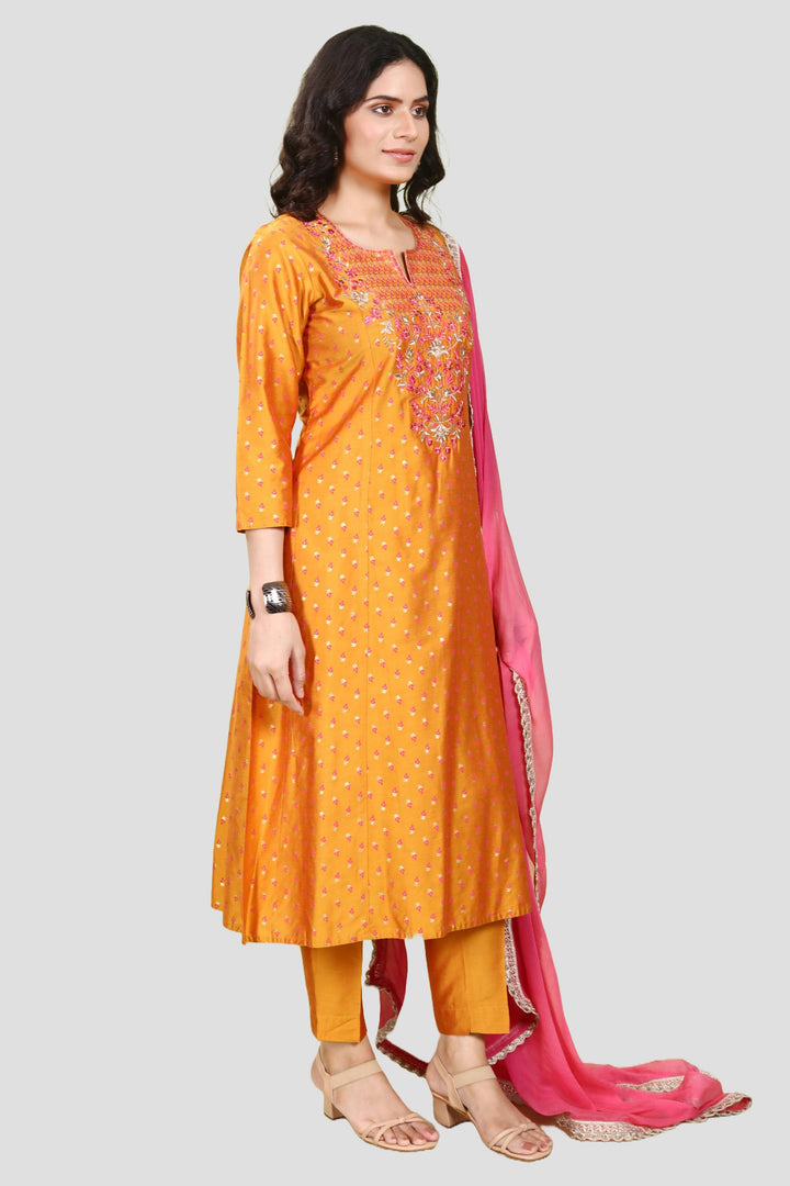 Orange PolySilk A Line Embroidered Kurta Pant Suit Set