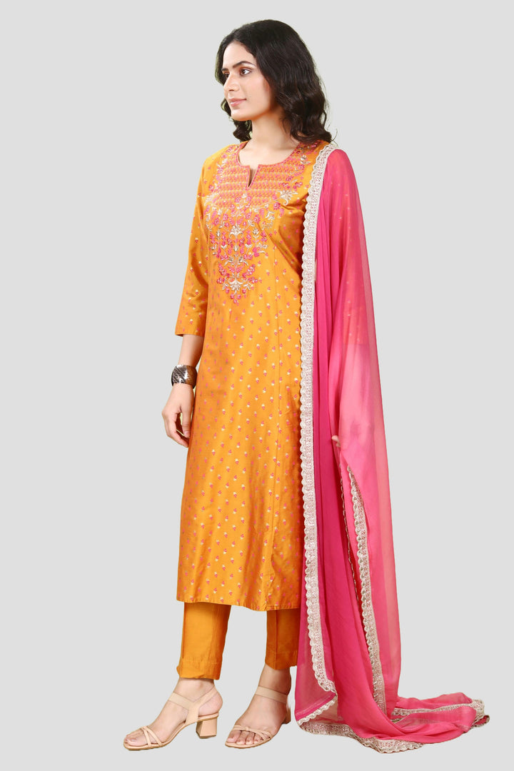 Orange PolySilk A Line Embroidered Kurta Pant Suit Set