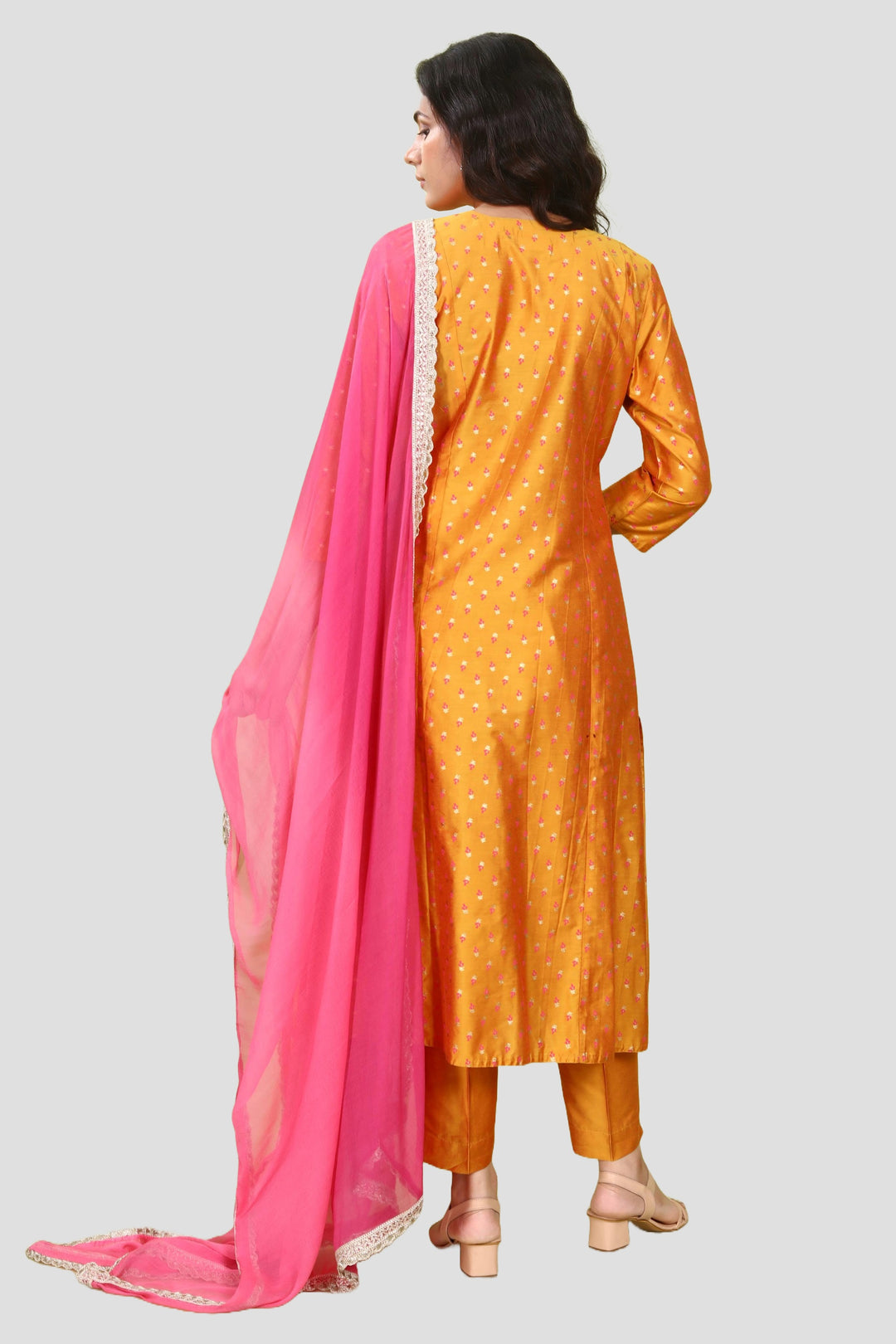 Orange PolySilk A Line Embroidered Kurta Pant Suit Set