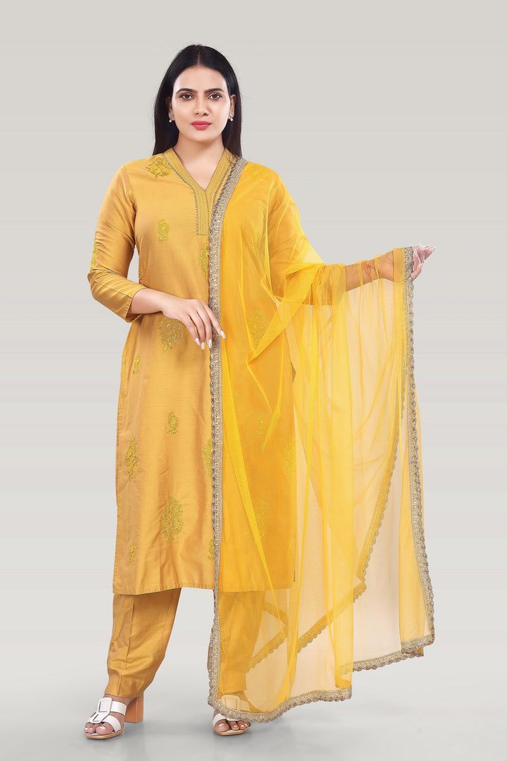 Yellow PolySilk Straight Embroidered Kurta Pant Suit Set