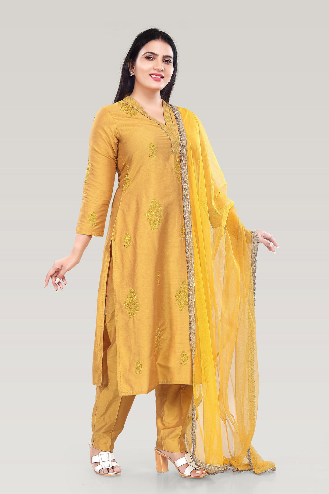 Yellow PolySilk Straight Embroidered Kurta Pant Suit Set