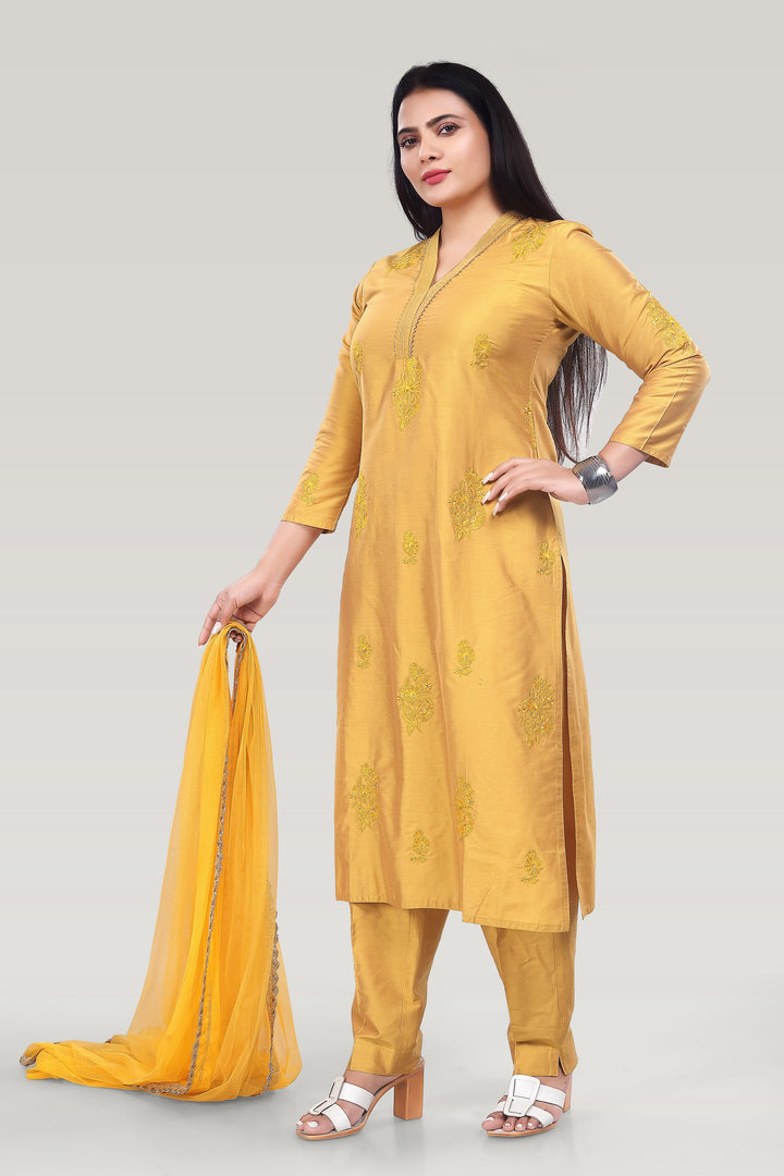 Yellow PolySilk Straight Embroidered Kurta Pant Suit Set