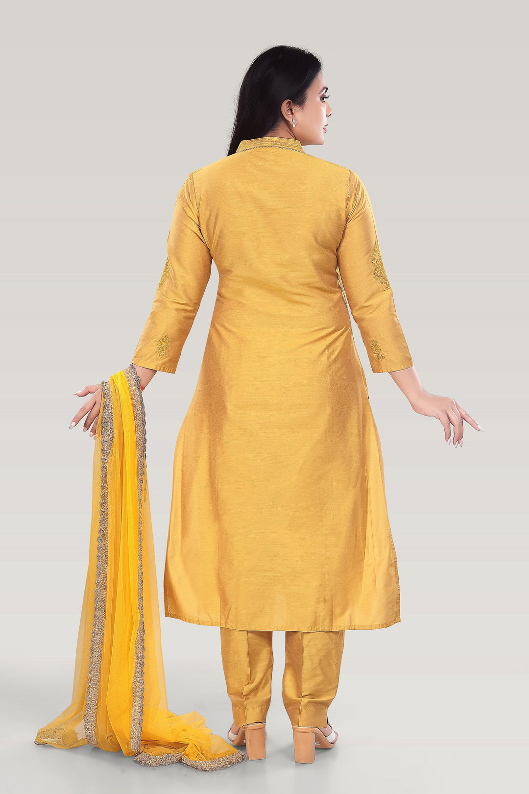 Yellow PolySilk Straight Embroidered Kurta Pant Suit Set