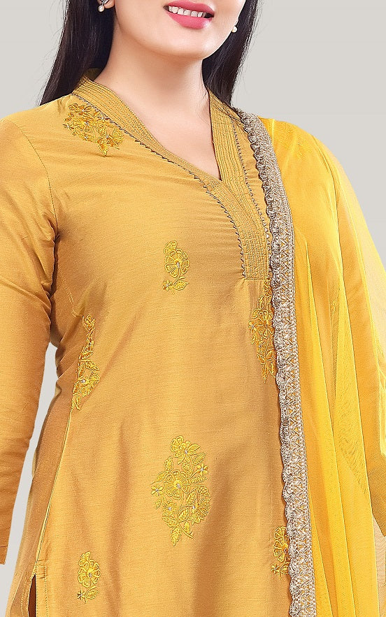 Yellow PolySilk Straight Embroidered Kurta Pant Suit Set