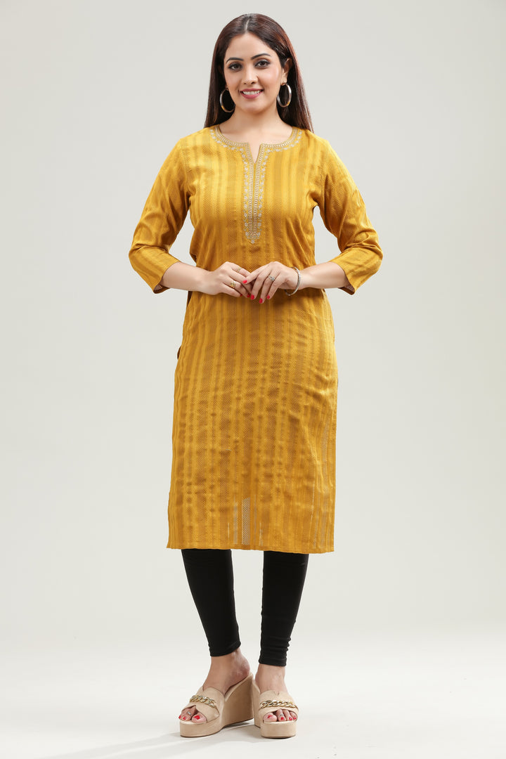 Yellow Cotton Straight Embroidered Kurta