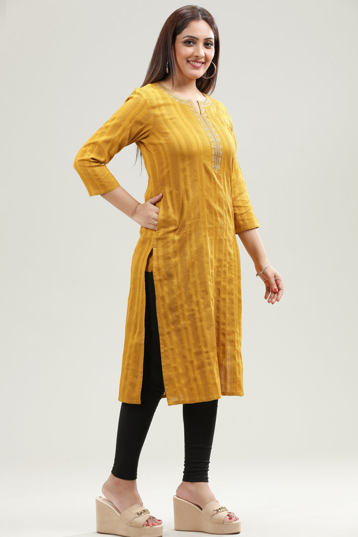 Yellow Cotton Straight Embroidered Kurta