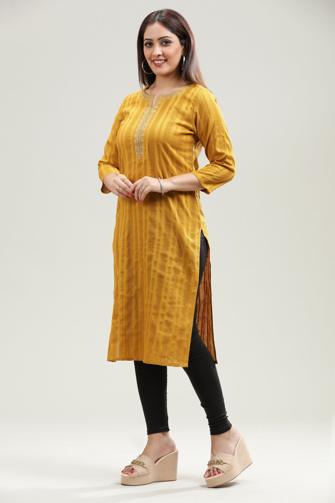 Yellow Cotton Straight Embroidered Kurta