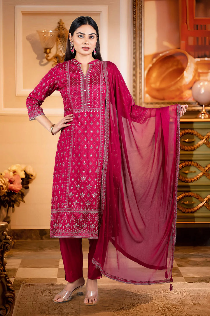 Maroon Cotton Straight Printed Kurta Pant Suit Set