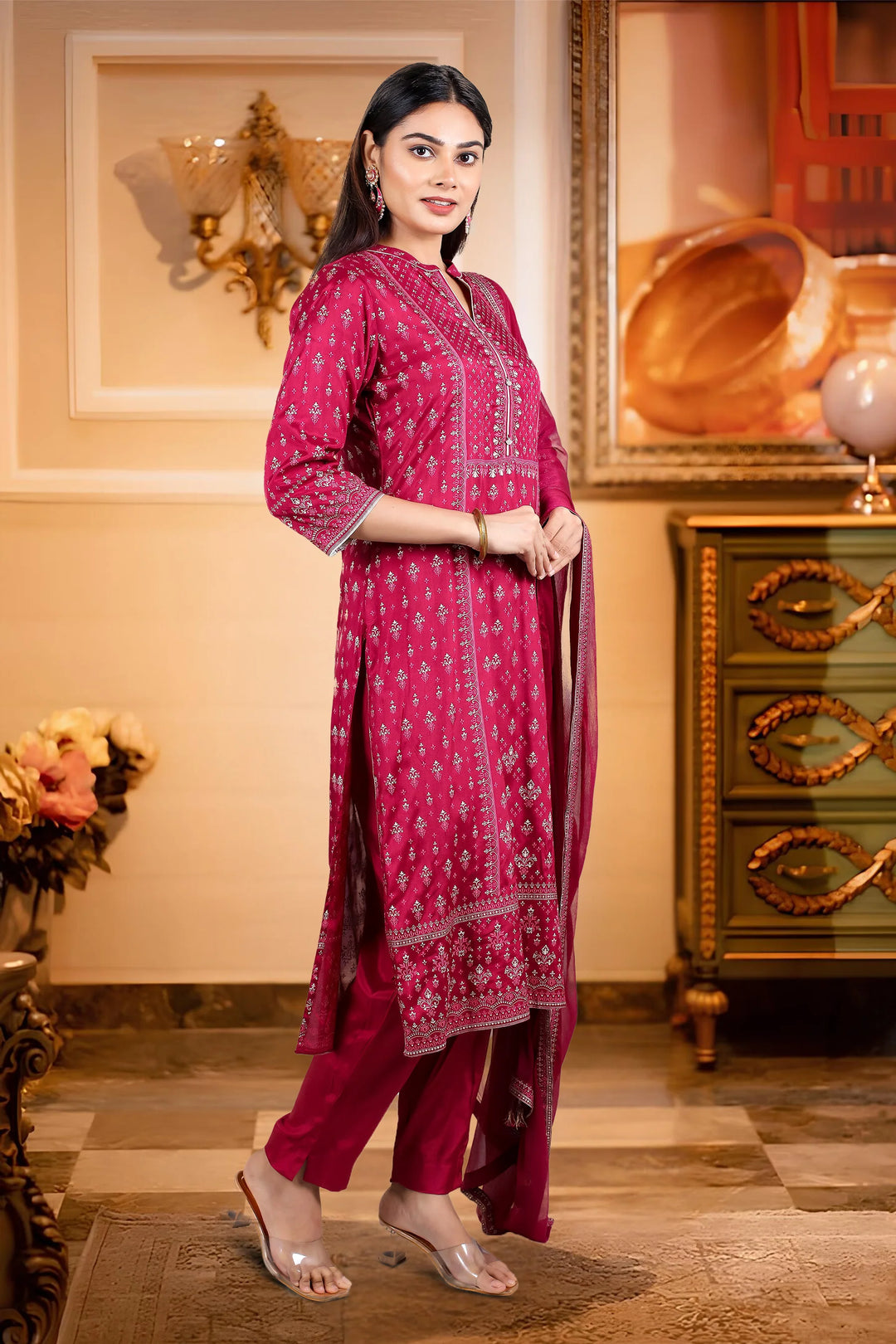 Maroon Cotton Straight Printed Kurta Pant Suit Set