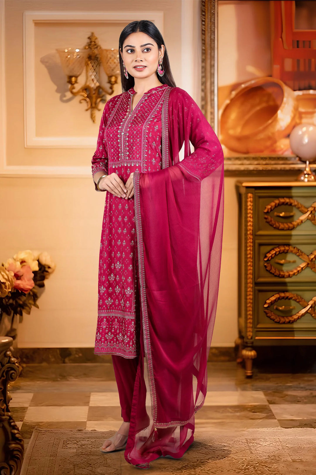 Maroon Cotton Straight Printed Kurta Pant Suit Set