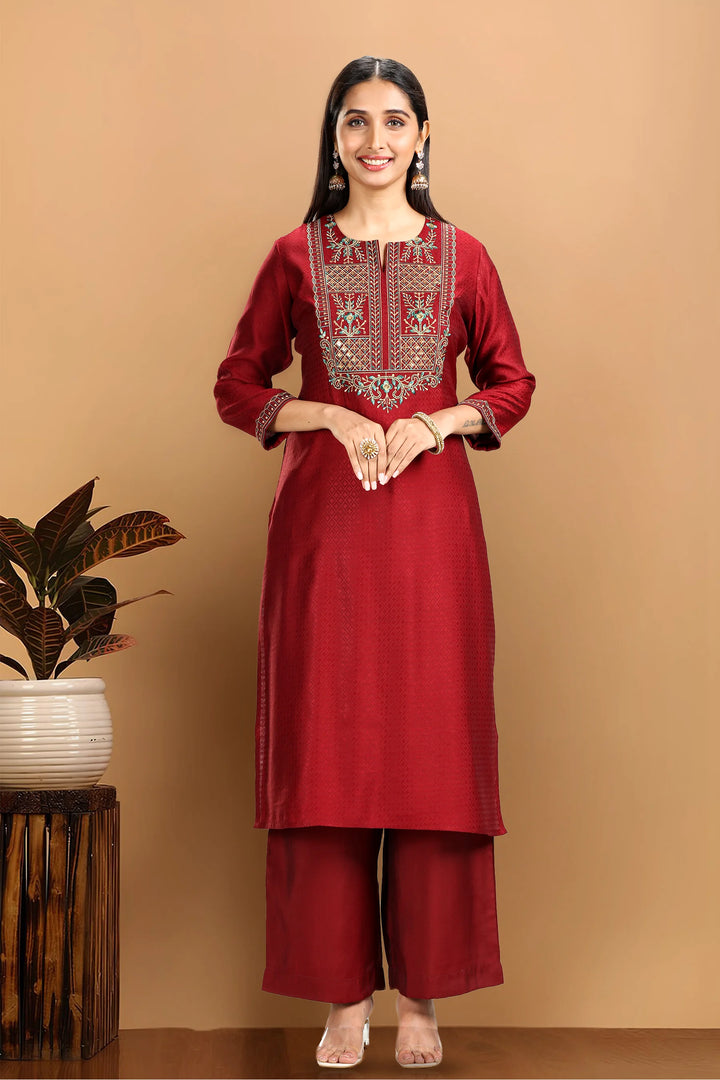 Maroon Silk Straight Embroidered Kurta Pant Co ord Set