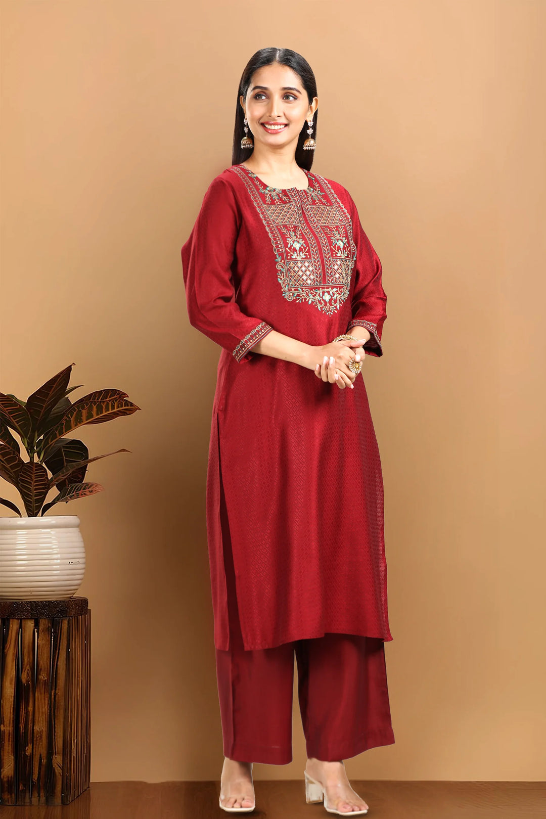 Maroon Silk Straight Embroidered Kurta Pant Co ord Set