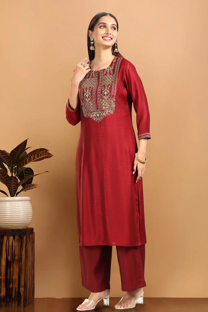 Maroon Silk Straight Embroidered Kurta Pant Co ord Set