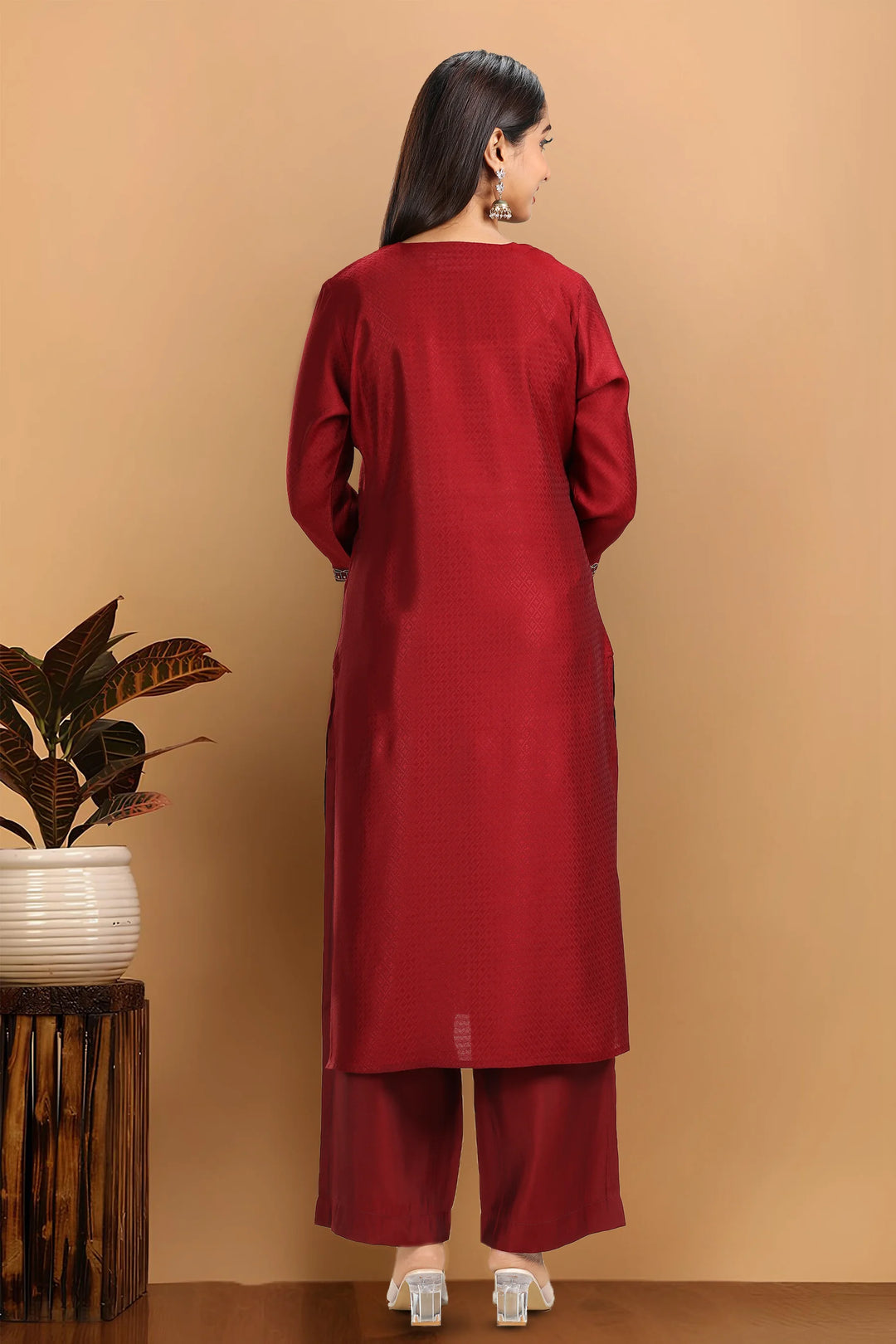 Maroon Silk Straight Embroidered Kurta Pant Co ord Set