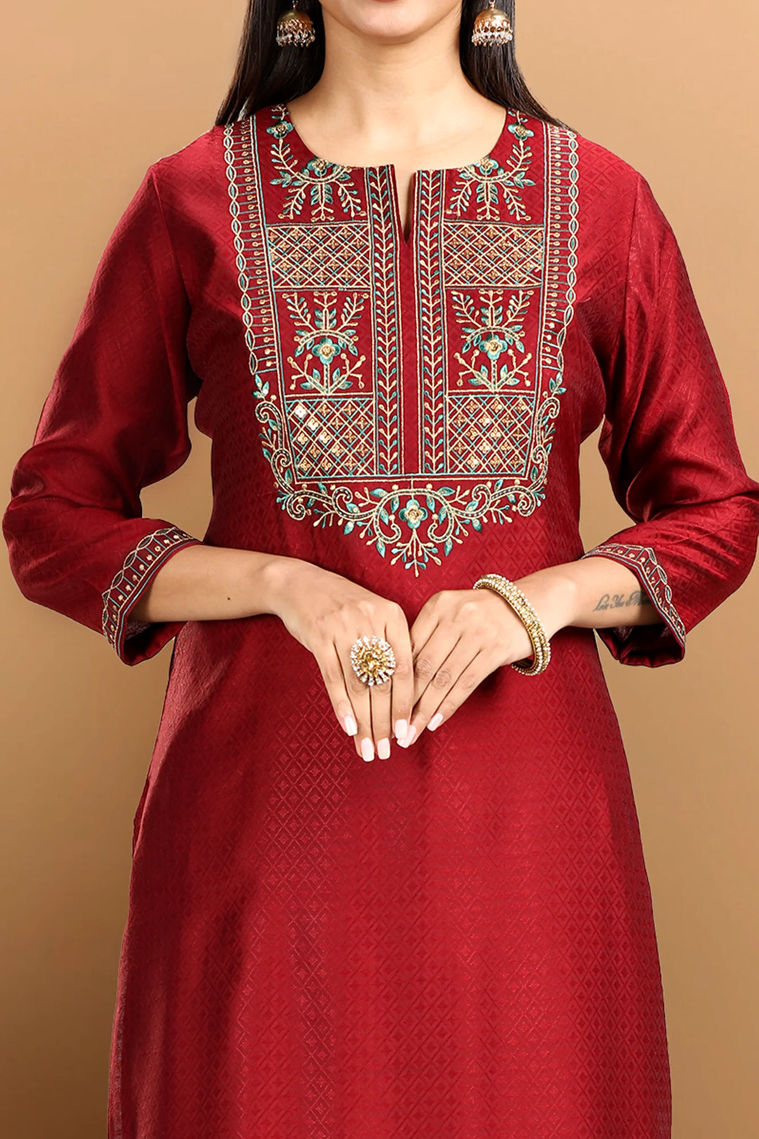 Maroon Silk Straight Embroidered Kurta Pant Co ord Set