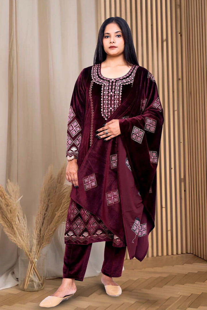 Maroon Velvet Straight Embroidered Kurta Pant Suit Set