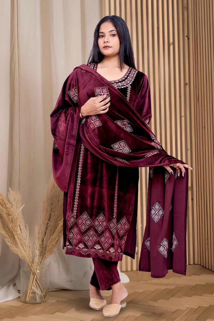 Maroon Velvet Straight Embroidered Kurta Pant Suit Set