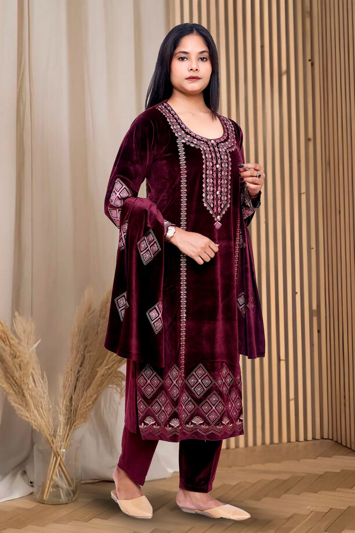 Maroon Velvet Straight Embroidered Kurta Pant Suit Set