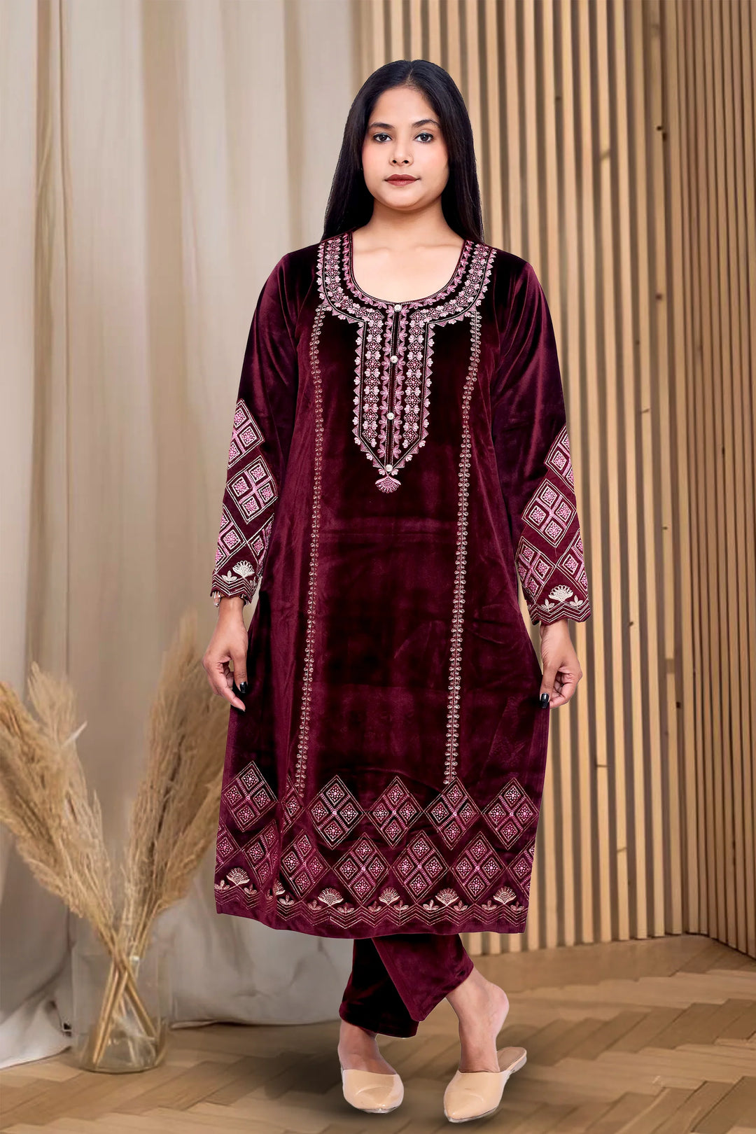 Maroon Velvet Straight Embroidered Kurta Pant Suit Set