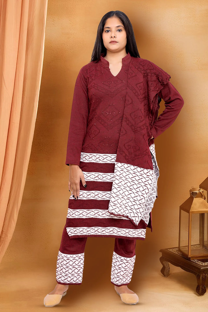 Maroon Wool Blend Straight Yarndyed Kurta Pant Suit Set