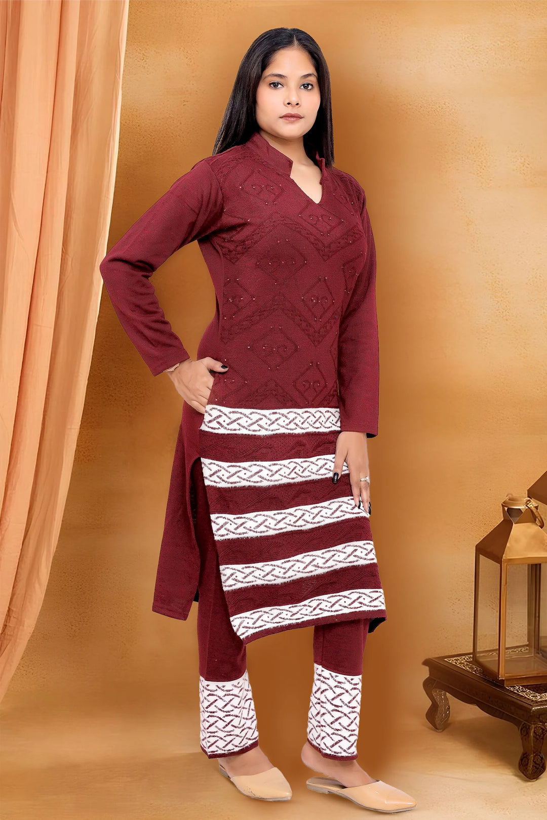 Maroon Wool Blend Straight Yarndyed Kurta Pant Suit Set