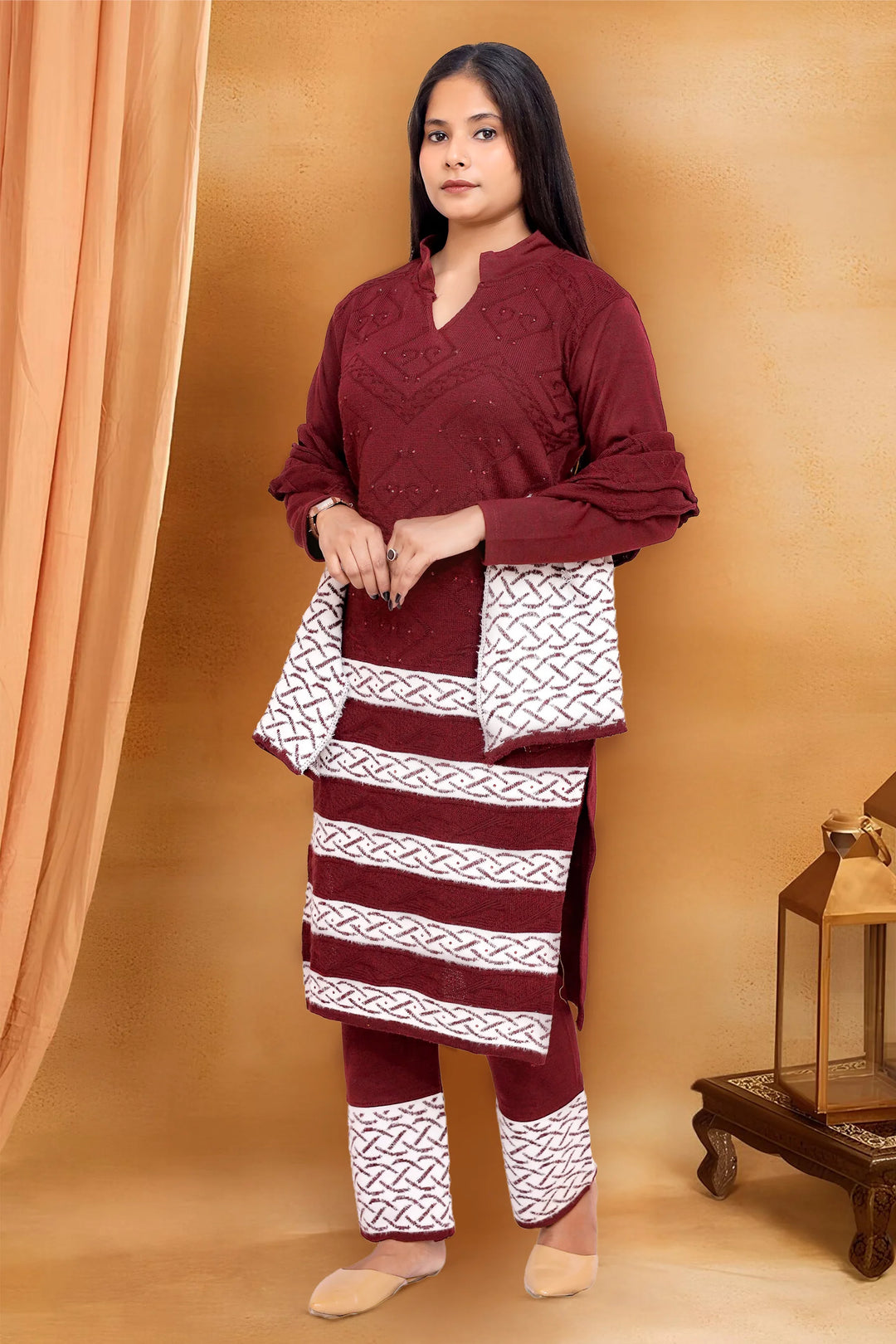 Maroon Wool Blend Straight Yarndyed Kurta Pant Suit Set