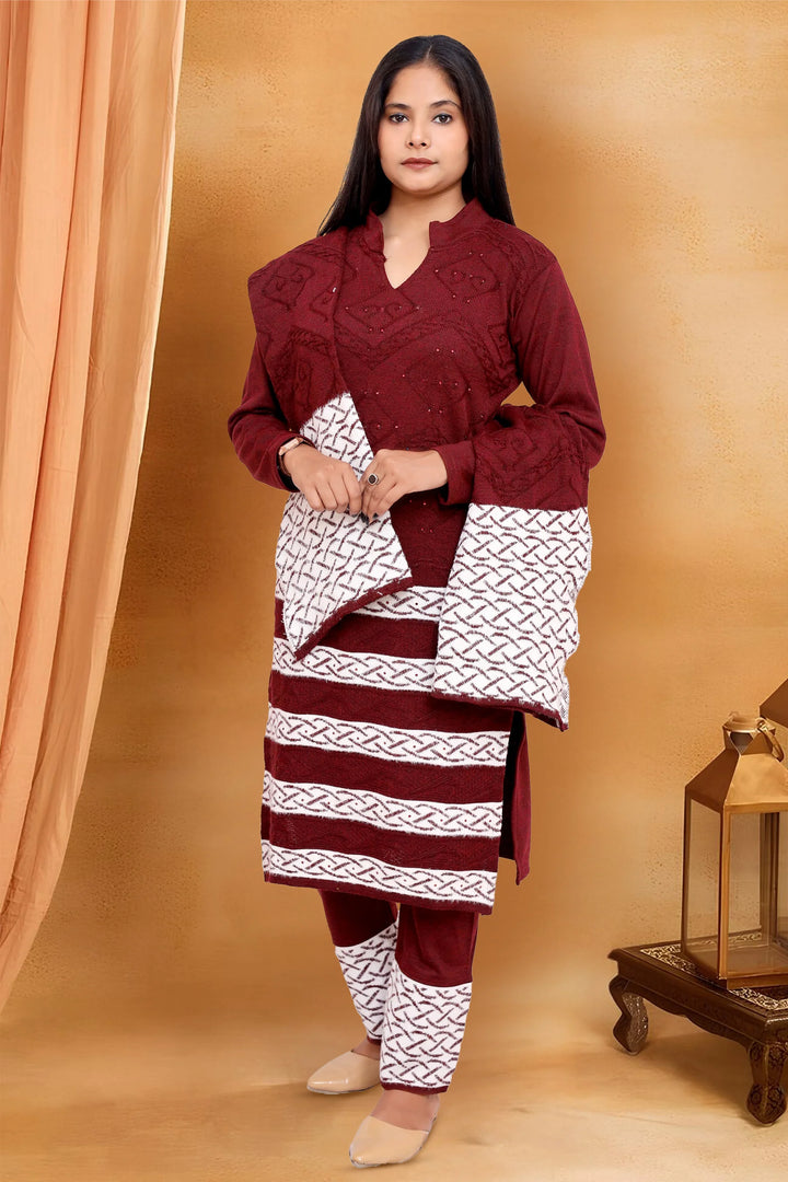 Maroon Wool Blend Straight Yarndyed Kurta Pant Suit Set