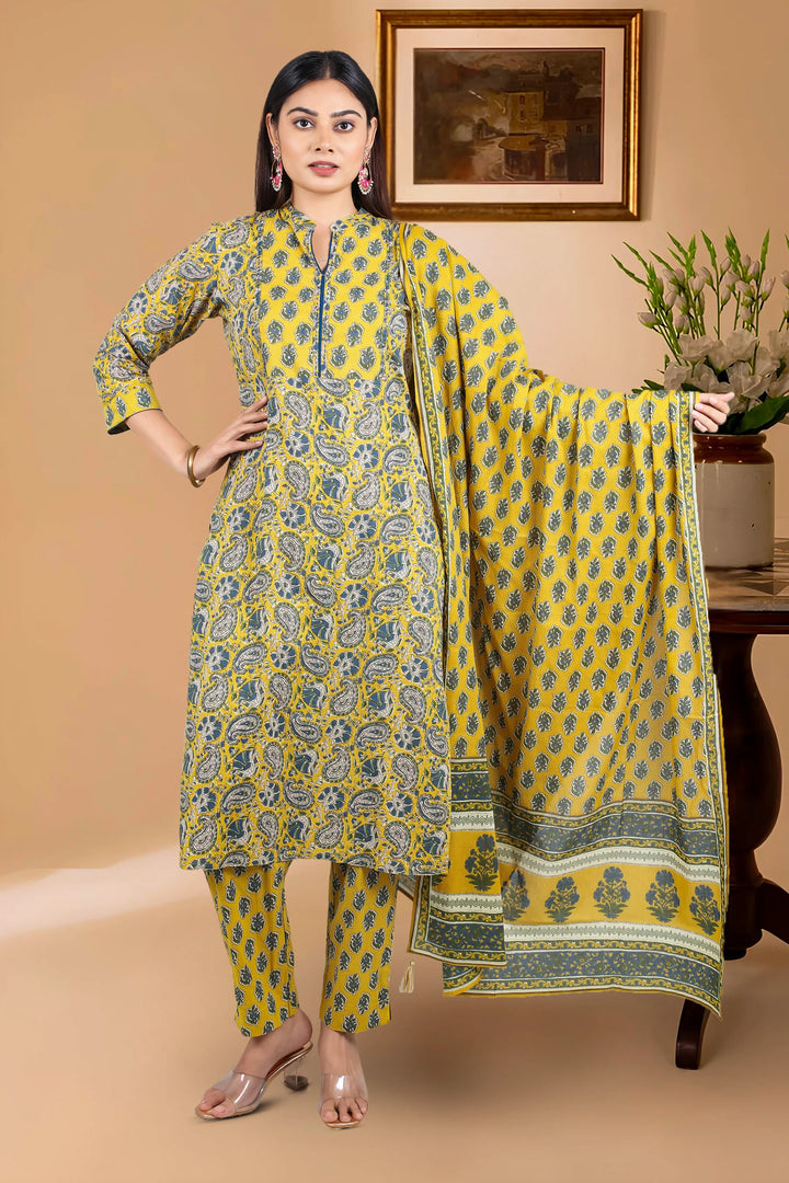 Mustard Cotton A Line Printed Kurta Pant Suit Set