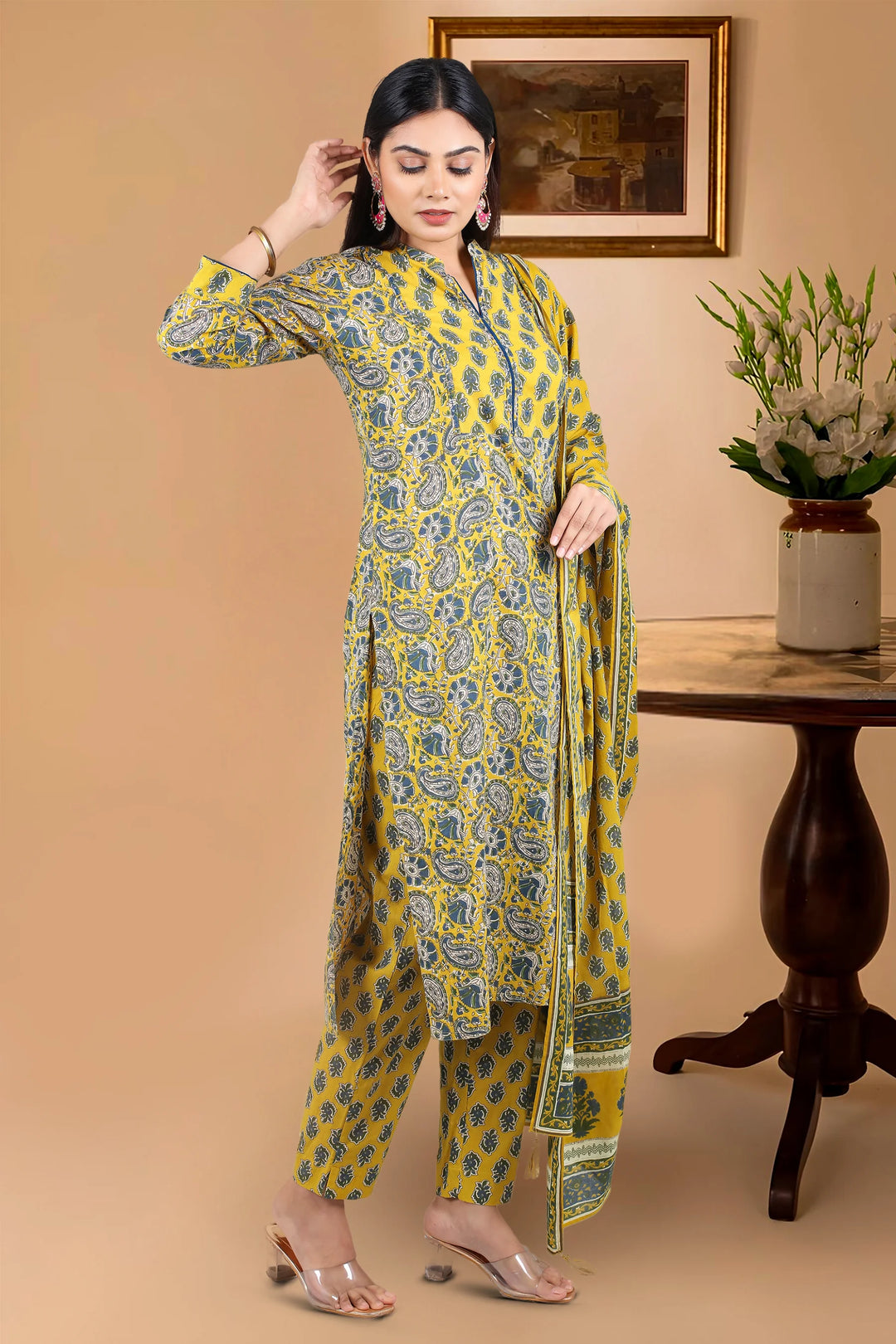 Mustard Cotton A Line Printed Kurta Pant Suit Set