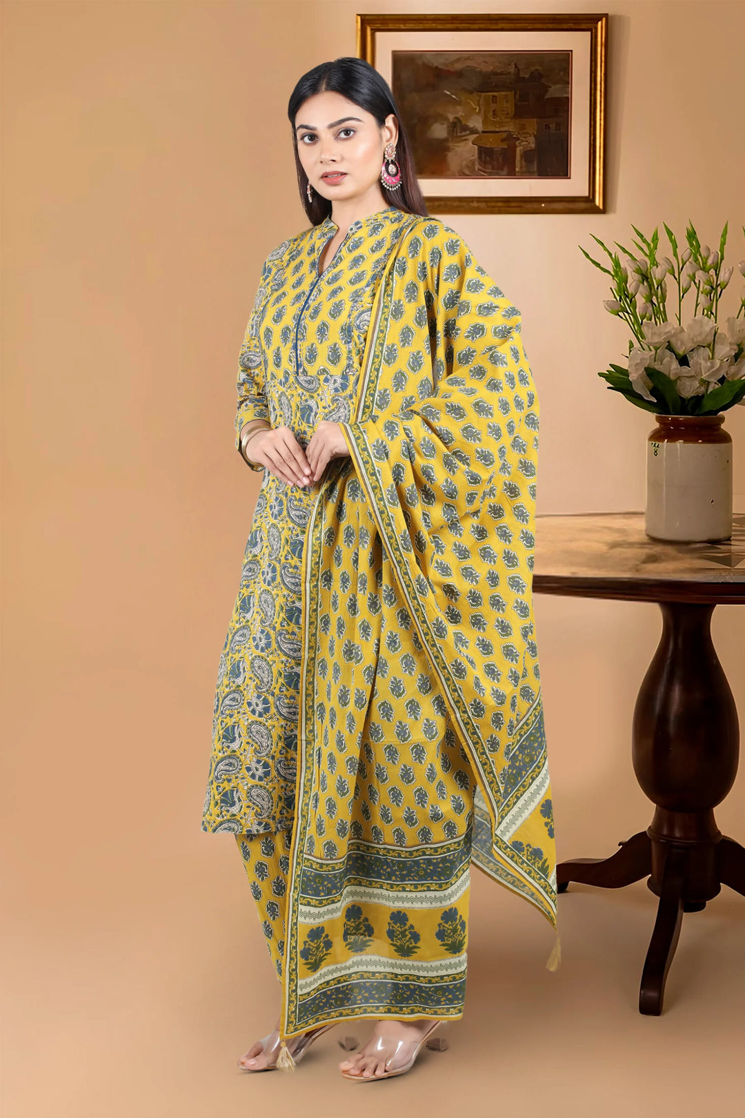 Mustard Cotton A Line Printed Kurta Pant Suit Set