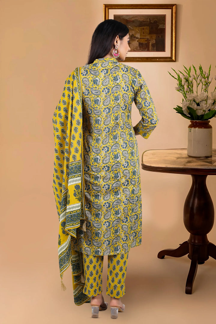 Mustard Cotton A Line Printed Kurta Pant Suit Set