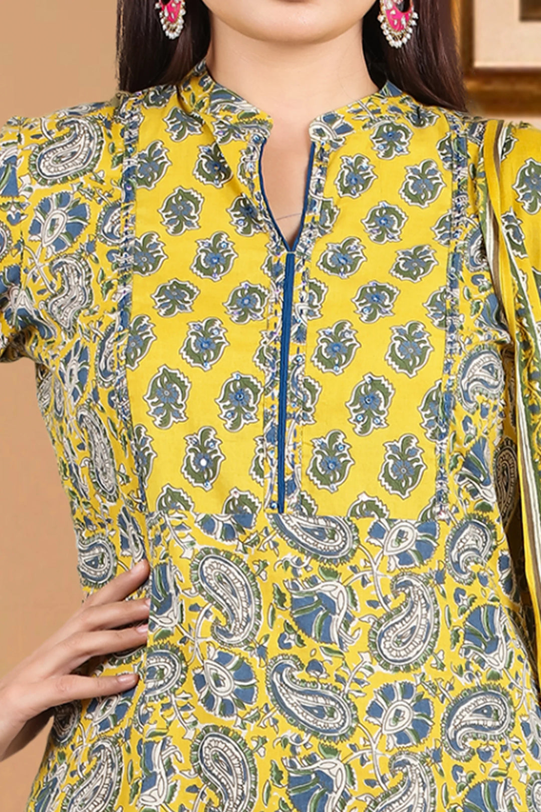 Mustard Cotton A Line Printed Kurta Pant Suit Set