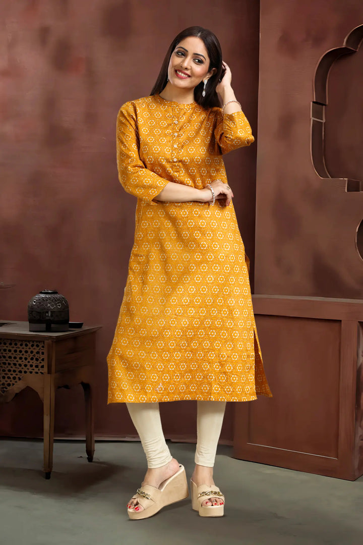 Mustard Roman Silk Straight Printed Kurta