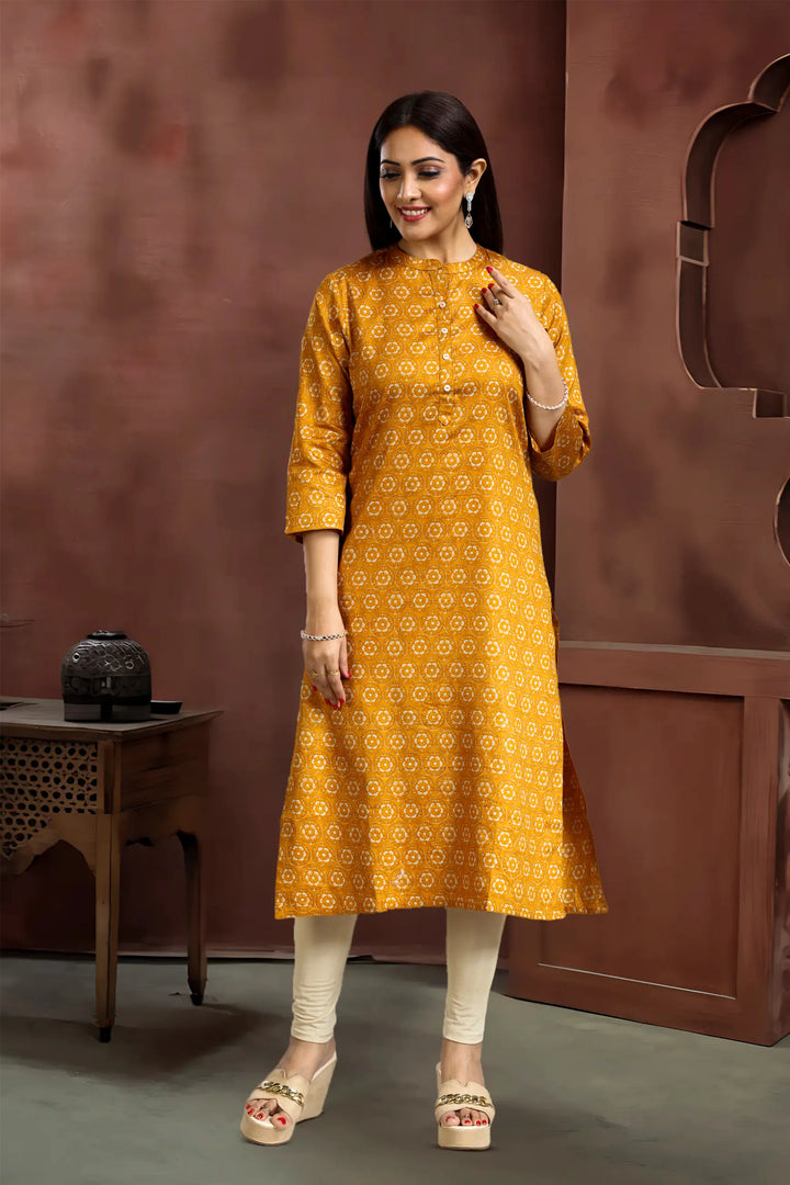 Mustard Roman Silk Straight Printed Kurta