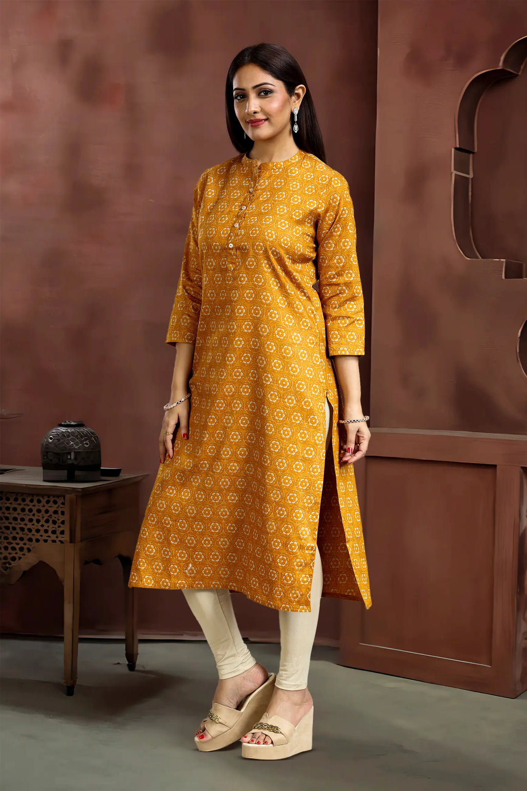 Mustard Roman Silk Straight Printed Kurta