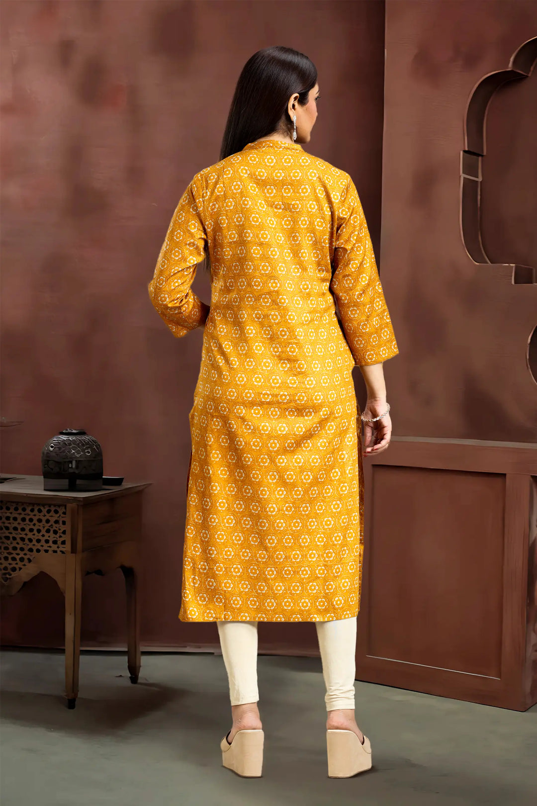 Mustard Roman Silk Straight Printed Kurta