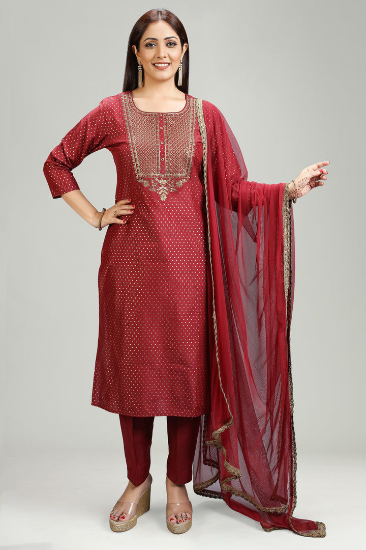 Maroon PolySilk Straight Embroidered Kurta Pant Suit Set