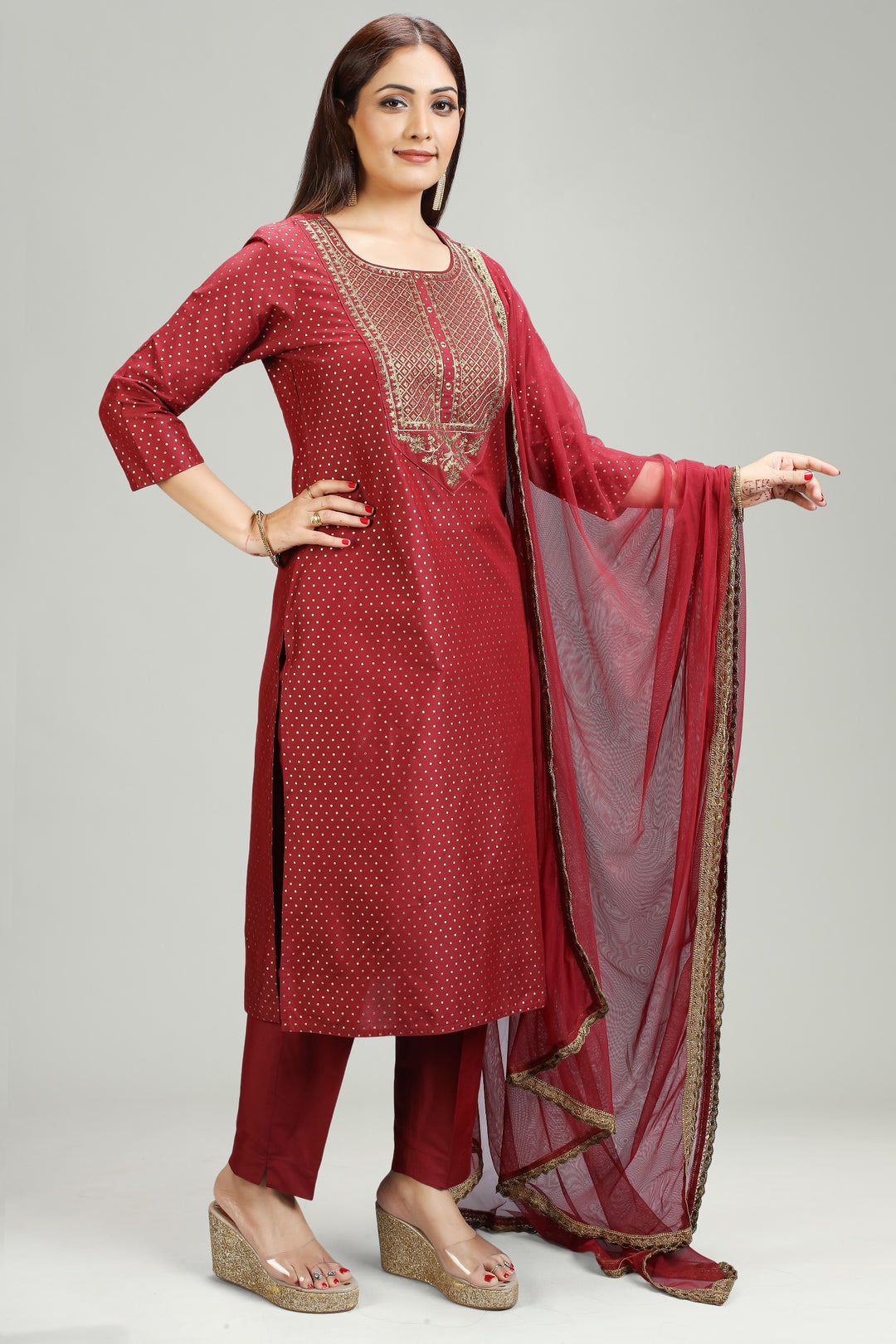 Maroon PolySilk Straight Embroidered Kurta Pant Suit Set