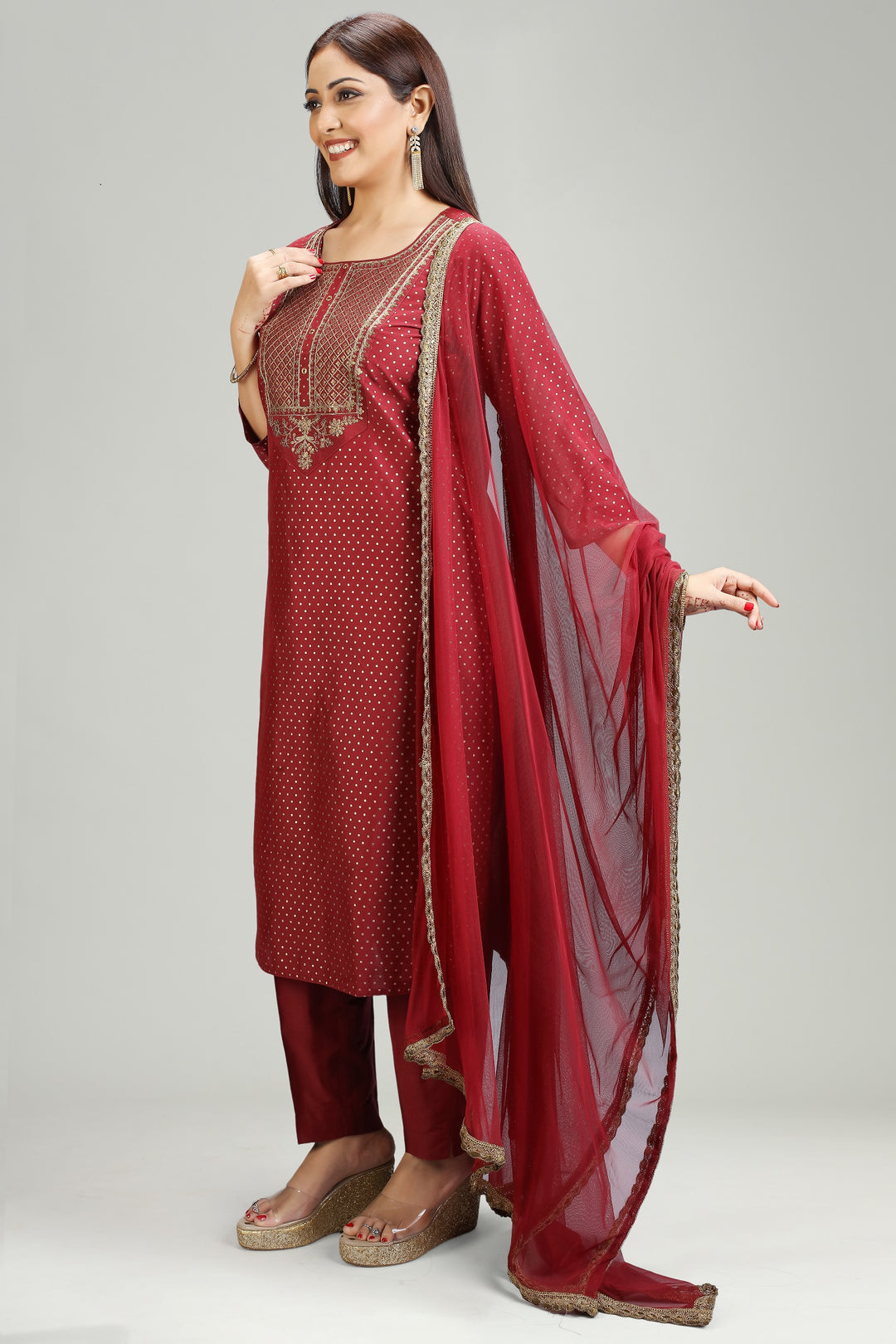 Maroon PolySilk Straight Embroidered Kurta Pant Suit Set