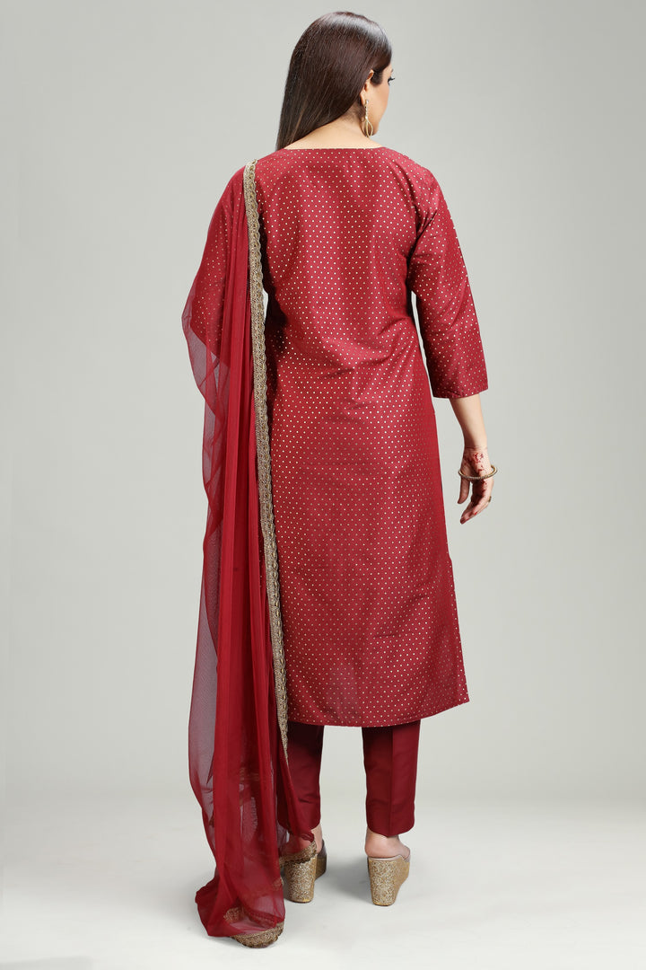 Maroon PolySilk Straight Embroidered Kurta Pant Suit Set