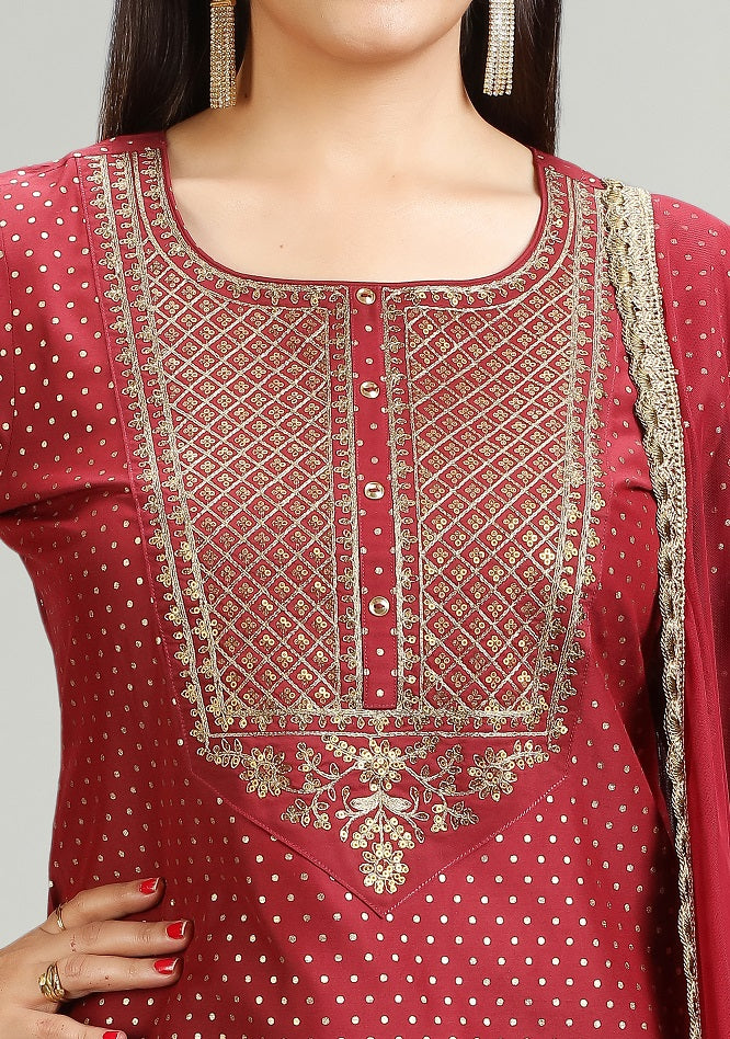 Maroon PolySilk Straight Embroidered Kurta Pant Suit Set