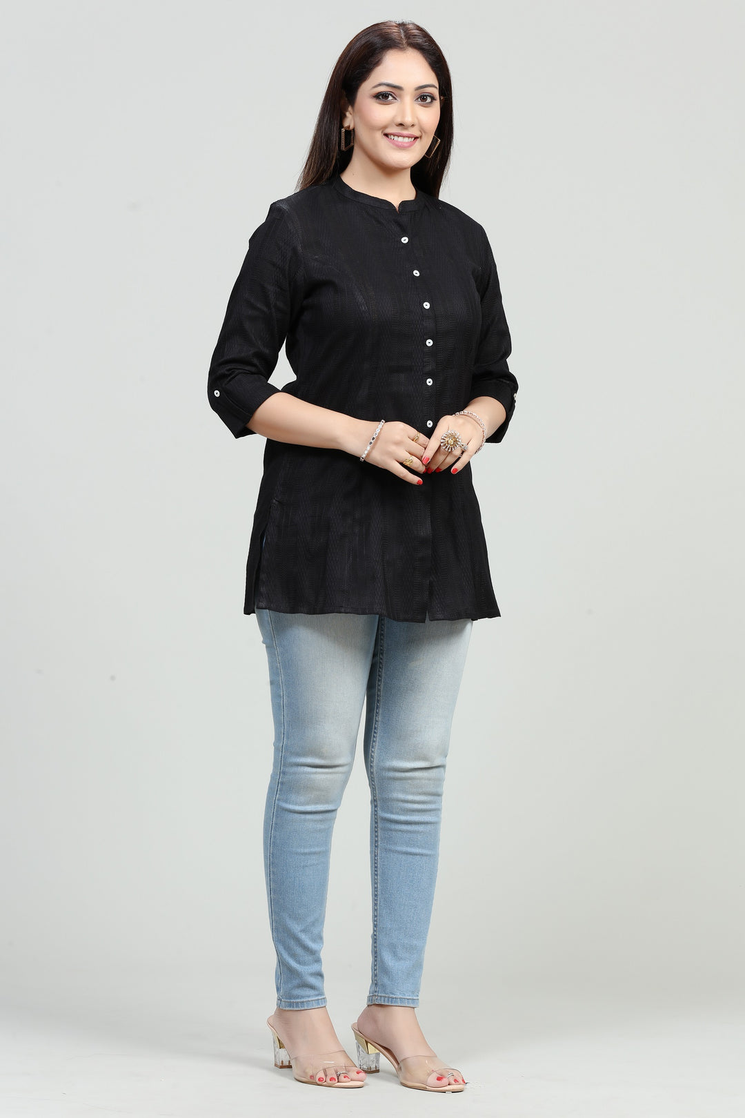 Black Cotton Straight Short Kurta