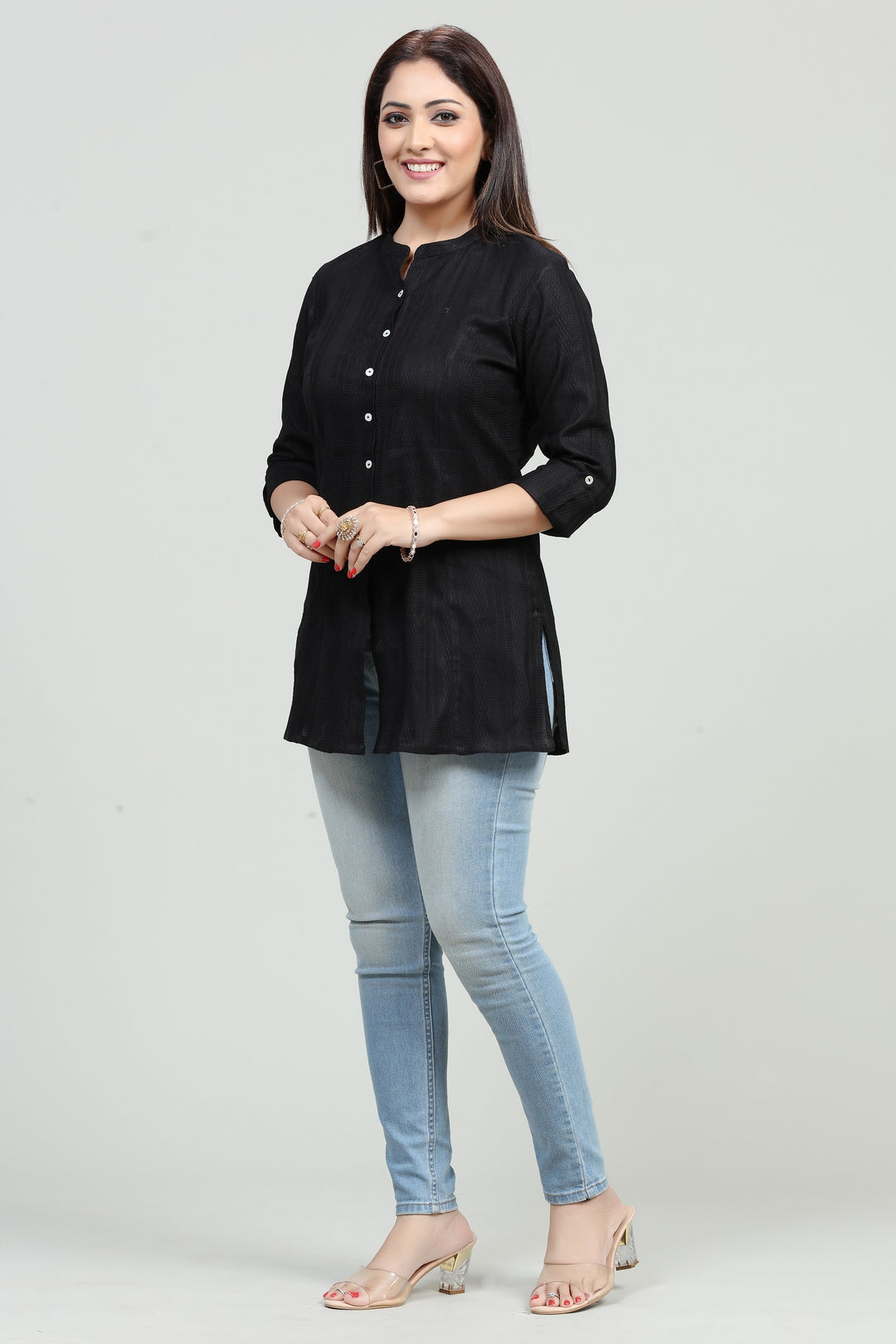 Black Cotton Straight Short Kurta